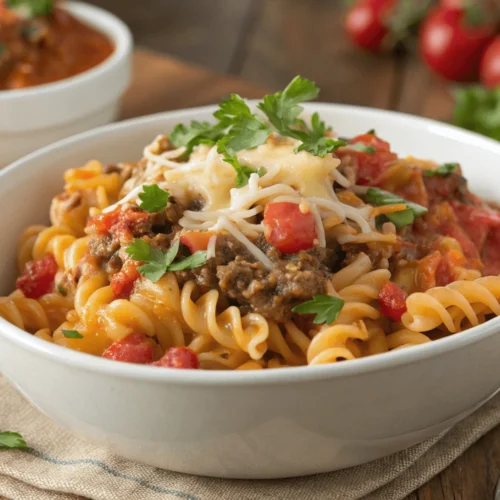 Creamy Rotel pasta with ground beef and melted cheese in a white bowl
