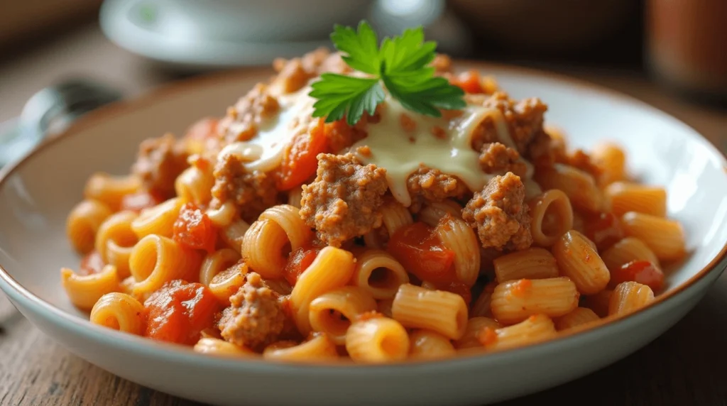 Close up of cheesy Rotel pasta in a rustic setting