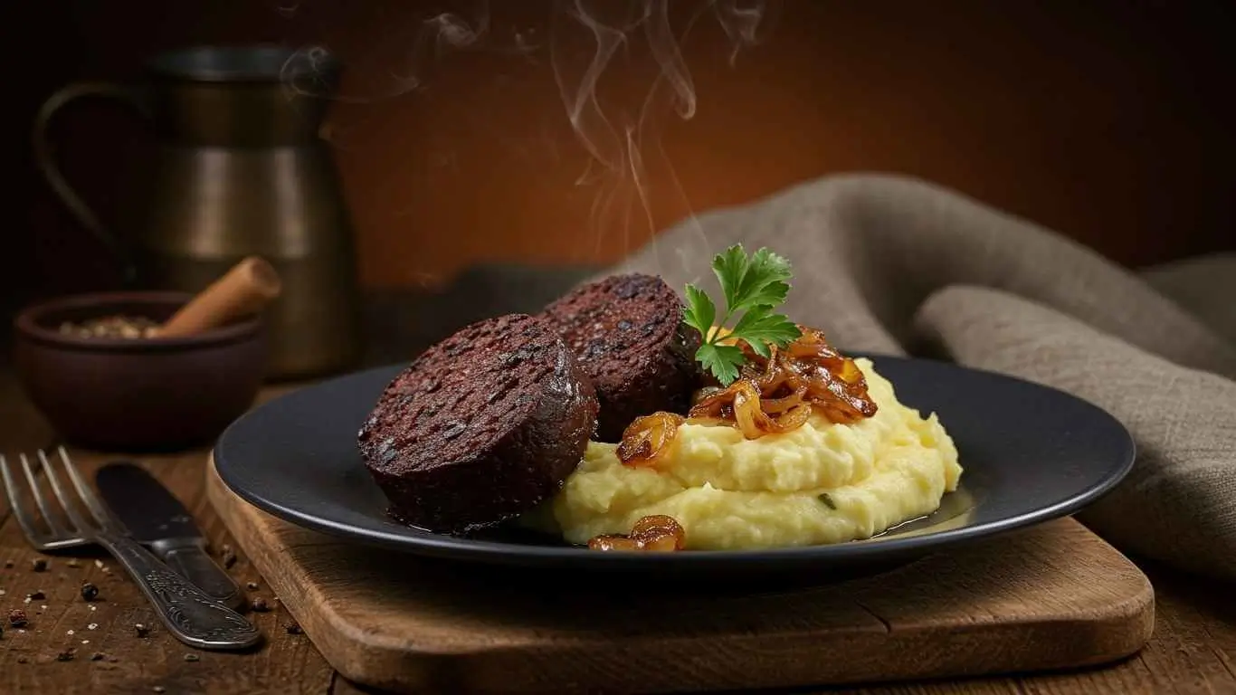 Sliced blood pudding served with mashed potatoes and onions
