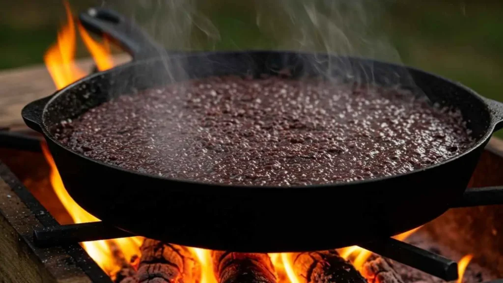 Blood pudding on a rustic table with herbs and vintage cutlery
