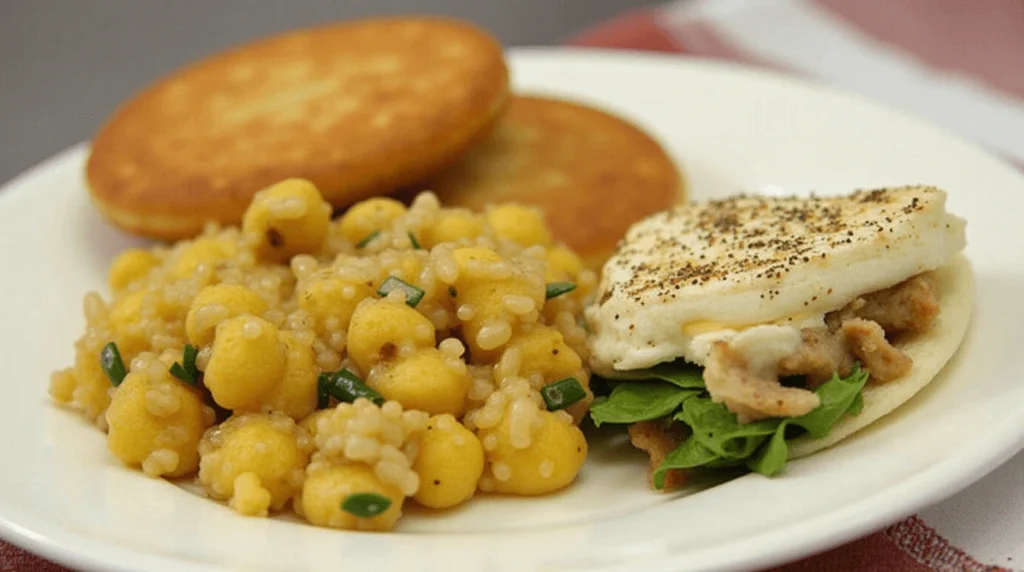 breakfast recipes Jamaican callaloo served with festival dumplings and sliced mango