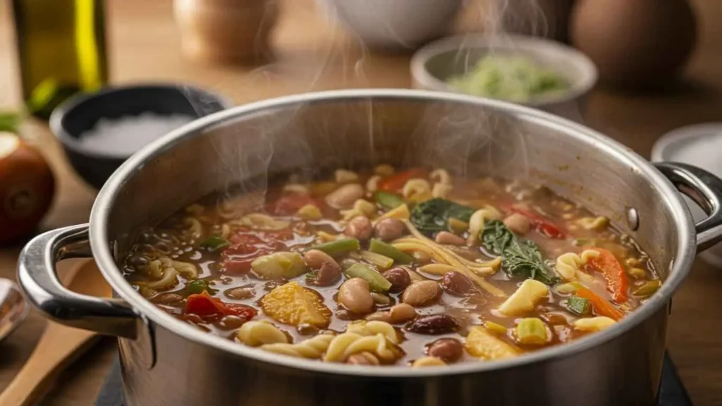 A pot of busy day soup recipe simmering on the stove with visible vegetables and steam rising.