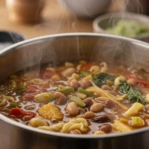 A pot of busy day soup recipe simmering on the stove with visible vegetables and steam rising.