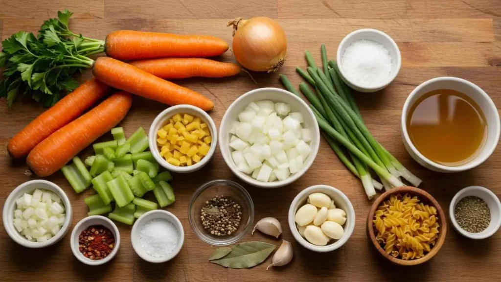 Fresh soup ingredients including carrots, celery, onion, garlic, pasta, and herbs on a wooden kitchen counter