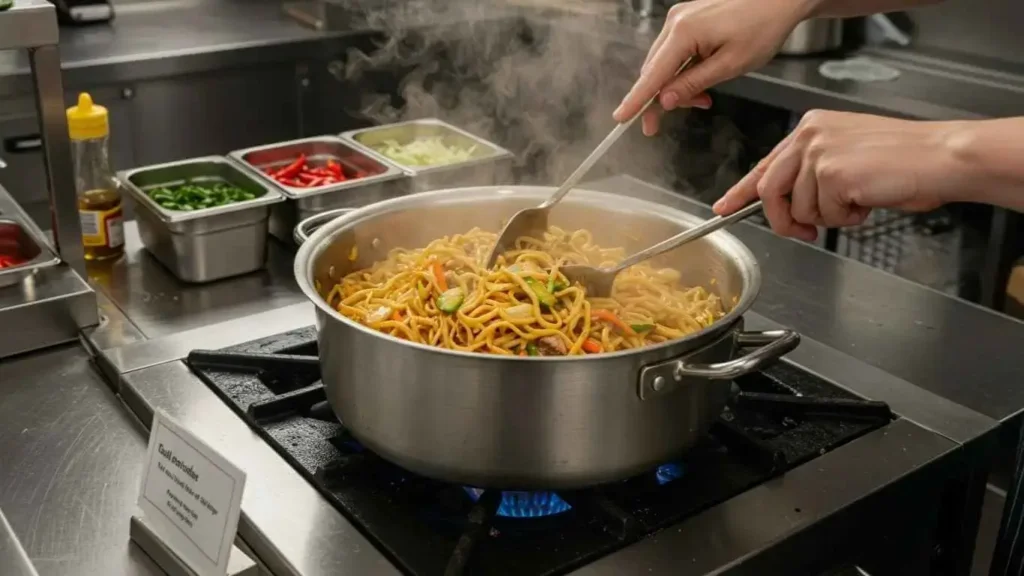Egg noodles on a cafeteria tray with a side of vegetables and meatloaf.