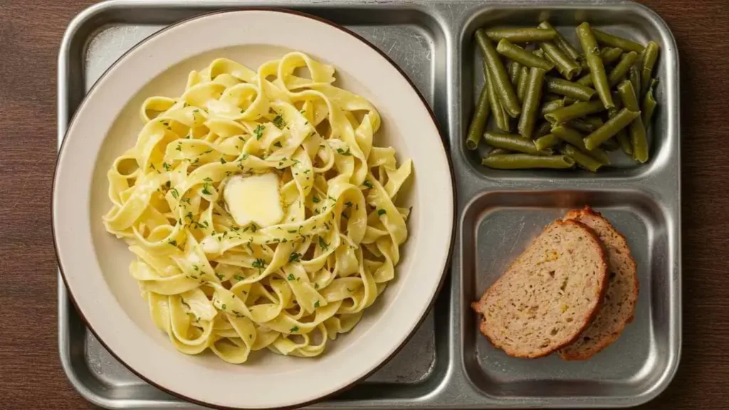 Overhead view of buttered egg noodles on a vintage metal cafeteria tray with side dishes.