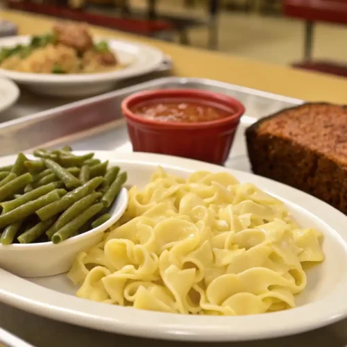 A plate of buttery cafeteria-style egg noodles with parsley served on a school lunch tray