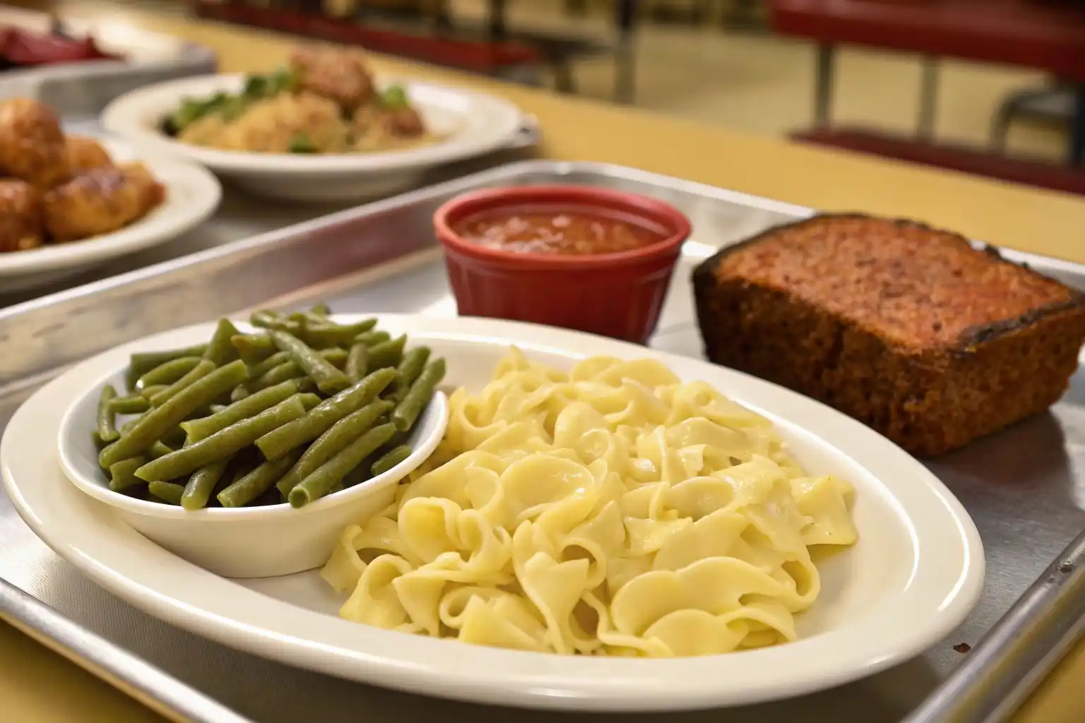 A plate of buttery cafeteria-style egg noodles with parsley served on a school lunch tray