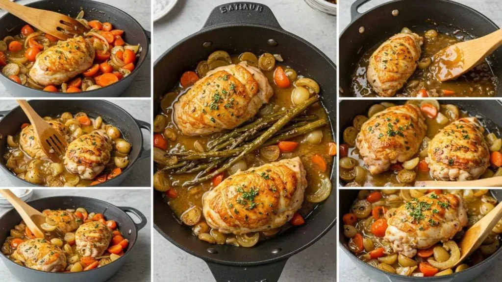 Seasoned chicken breasts browning in a skillet for Chicken Chesapeake recipe