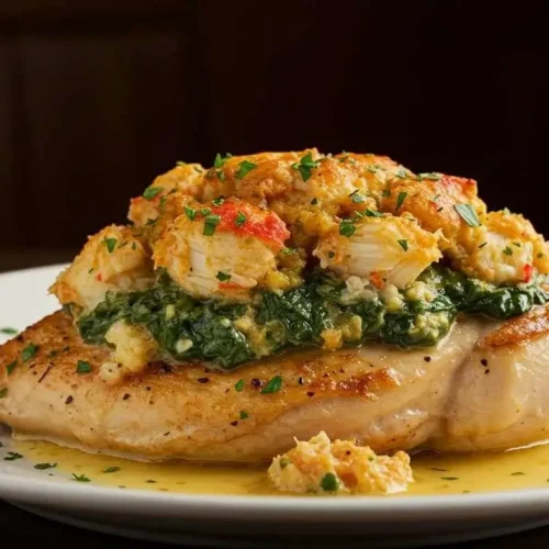 Chicken Chesapeake with creamy crab topping and lemon garnish on a dinner plate