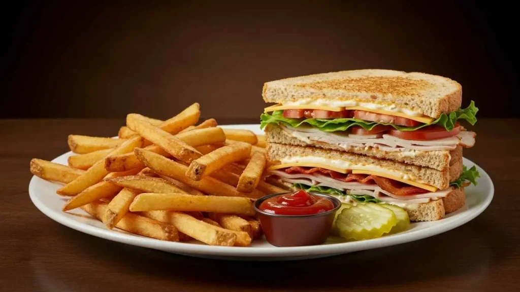 Whole grain club sandwich and baked fries on a clean plate