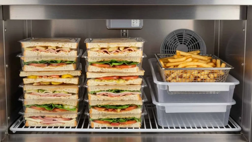 Close-up of crispy fries next to a toasted club sandwich