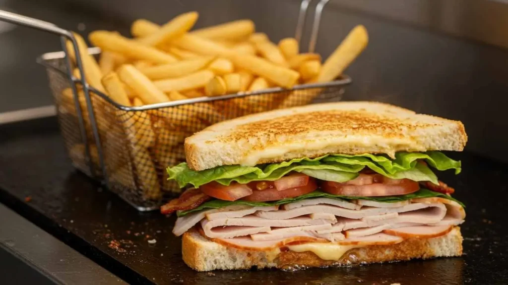 Club sandwich and fries on a wooden tray for a casual meal