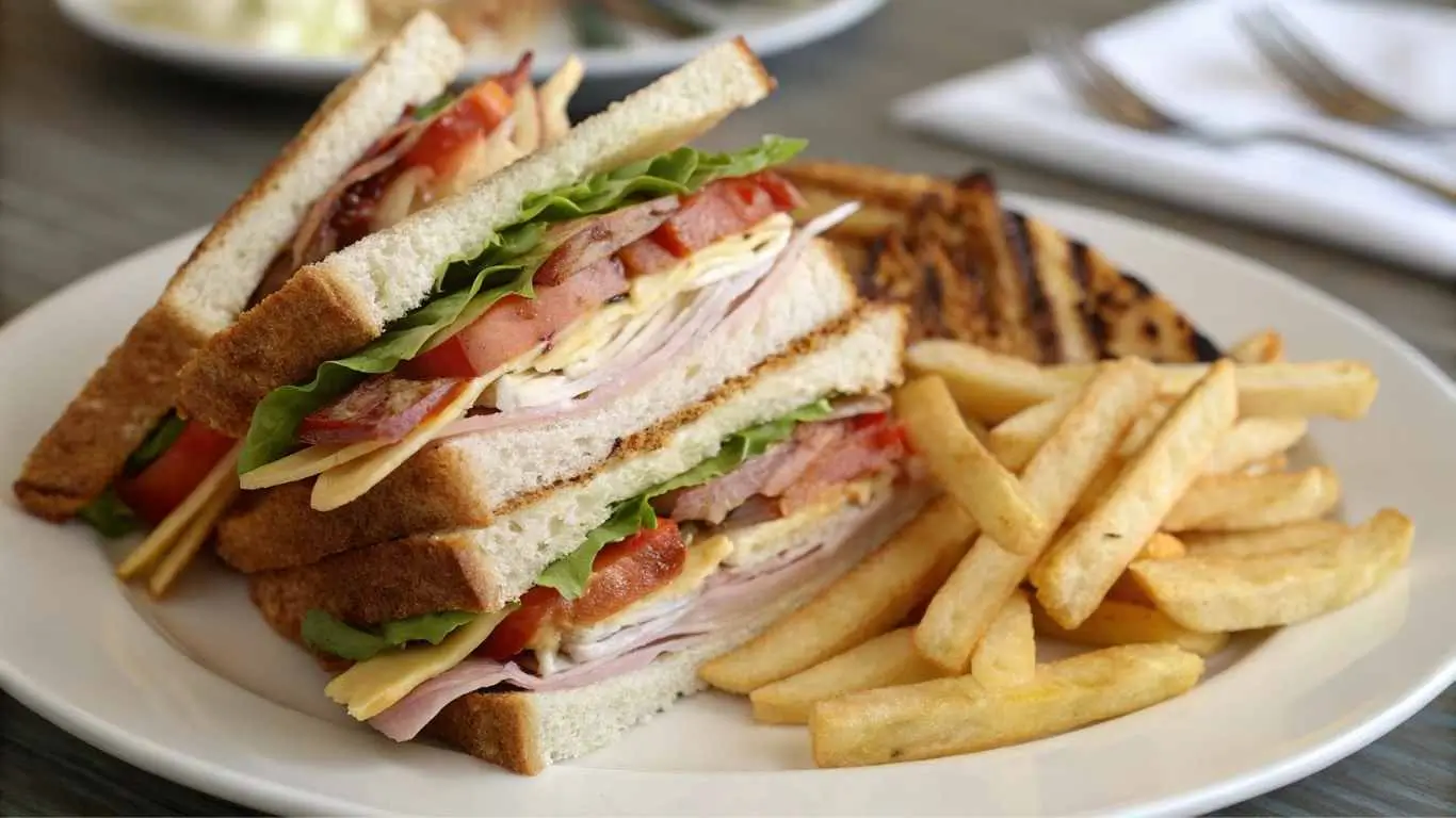 Club sandwich and fries served on a white plate with pickles