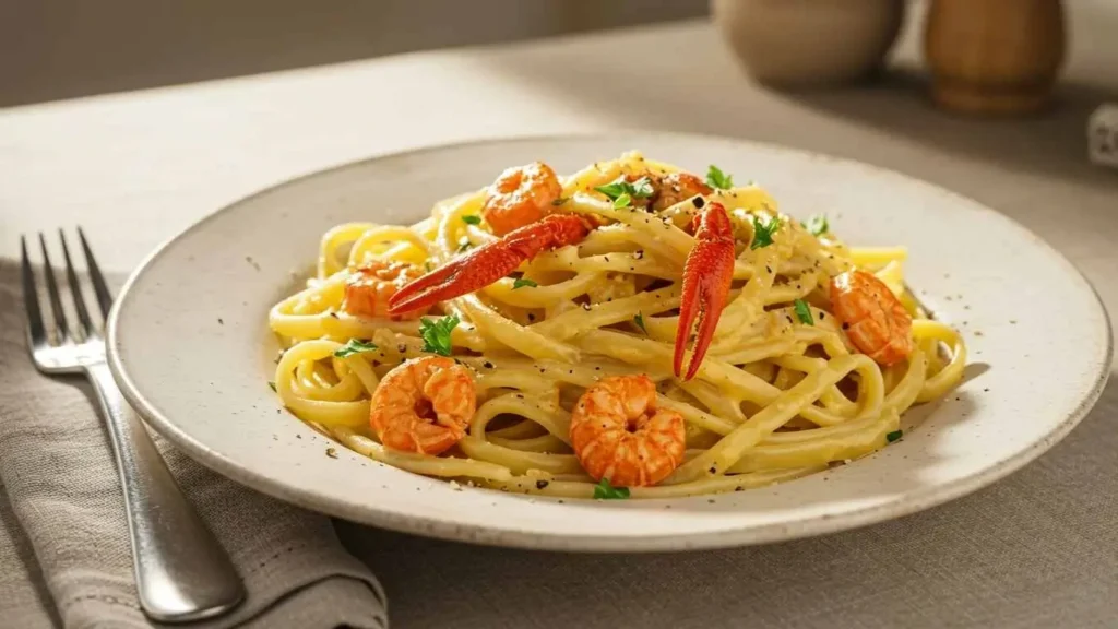 Close-up of creamy fettuccine noodles and chunks of crawfish in sauce.