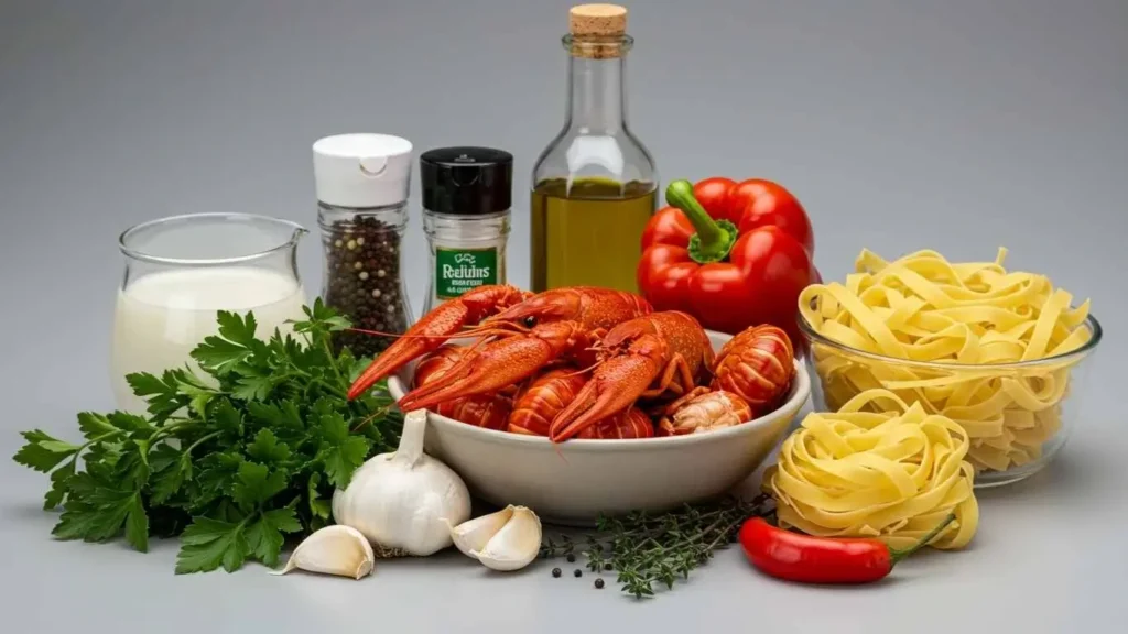 Ingredients for crawfish fettuccine recipe displayed on a wooden counter.