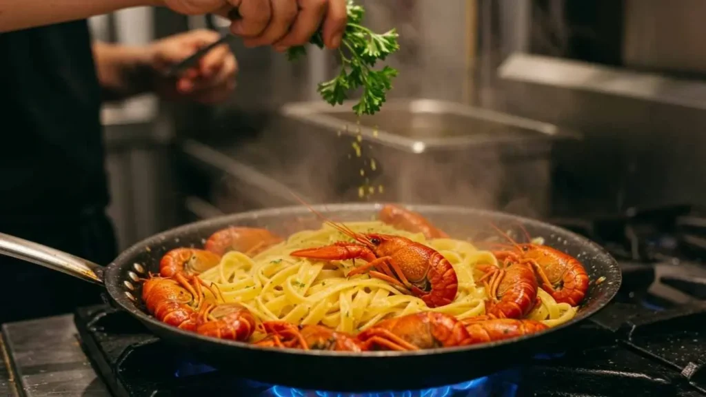 Cajun cream sauce simmering in a skillet with seasoning and aromatics.
