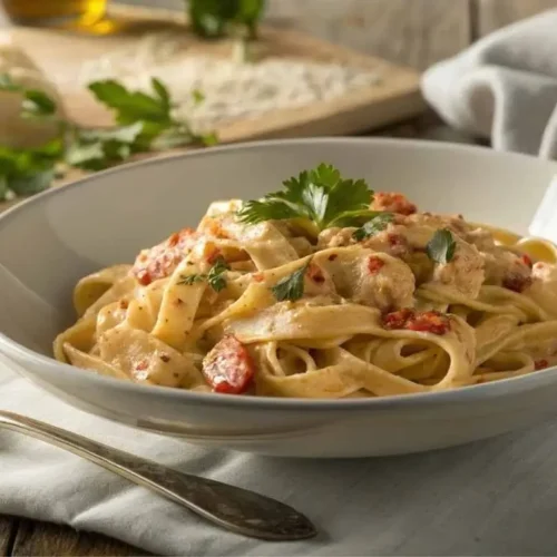 Creamy crawfish fettuccine served in a white bowl with fresh herbs.