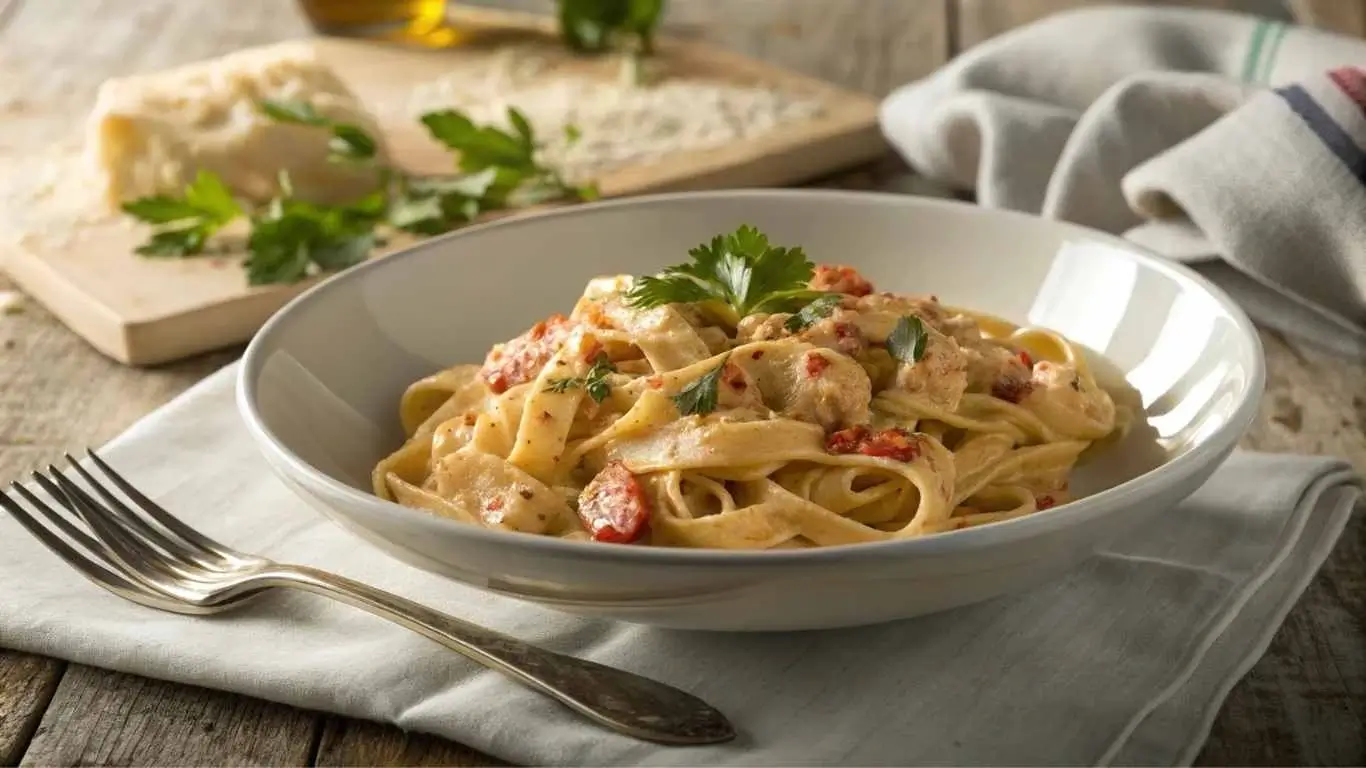 Creamy crawfish fettuccine served in a white bowl with fresh herbs.