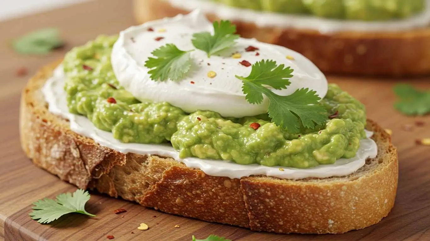 Cream cheese avocado toast on whole grain bread with pepper