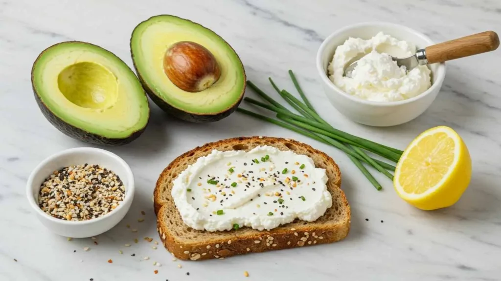 Cream cheese avocado toast with cherry tomatoes and herbs