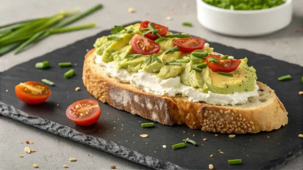 Healthy cream cheese avocado toast with lemon and microgreens