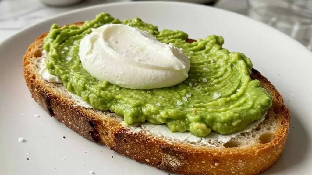 Spicy avocado toast with cream cheese and red pepper flakes