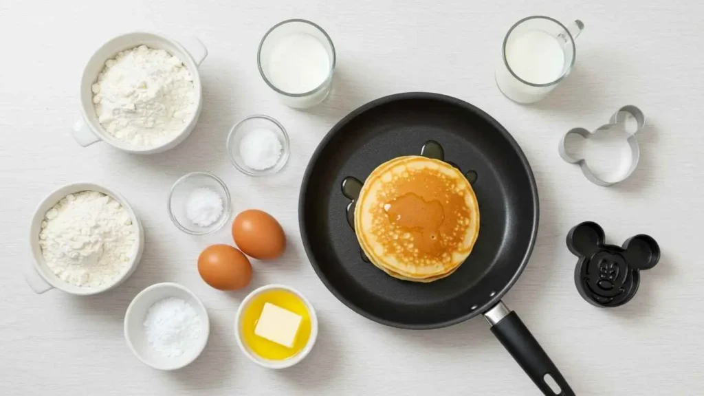 Stack of Mickey pancakes on a colorful kids' plate with bananas