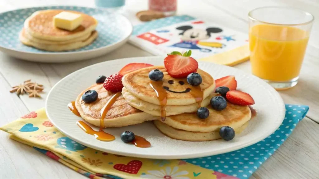 Child eating Mickey Pancakes Recipe at a breakfast table with juice
