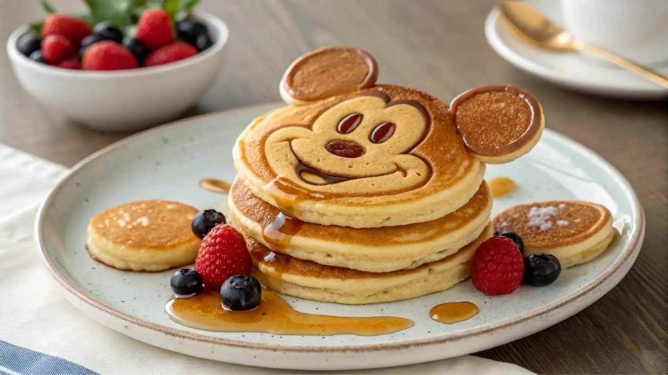 Mickey-shaped pancakes with syrup and berries on a white plate