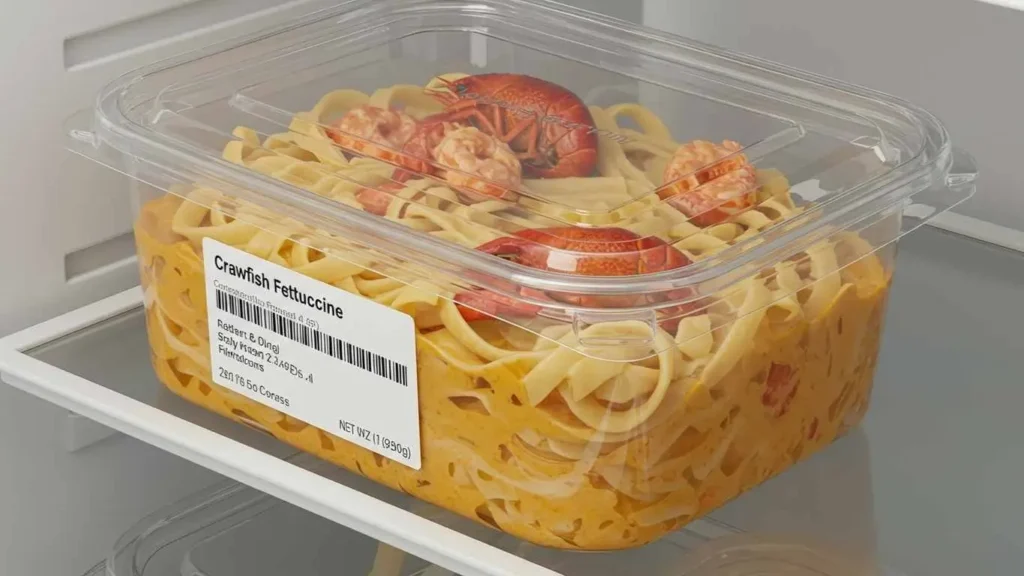 Crawfish fettuccine served with garlic bread and a glass of white wine.
